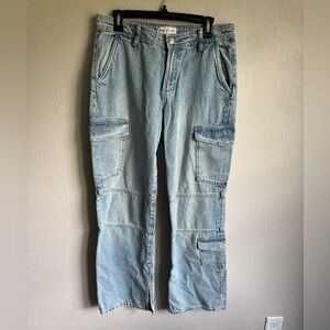 Zara Light Wash Blue Denim Wide Leg Cargo Jeans Women 6 Casual Stretch Split Hem